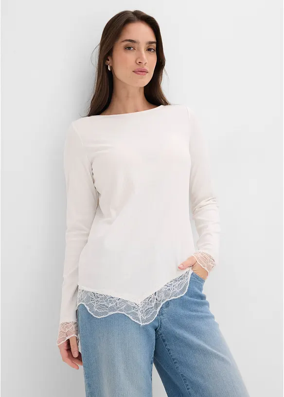 Langarmshirt mit Spitzensaum in weiß von vorne (im Anschnitt) - bonprix Langarmshirt mit Spitzensaum in weiß von vorne (im Anschnitt) - bonprix