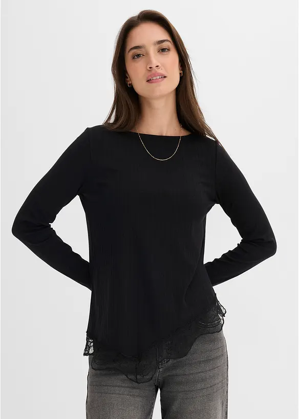 Langarmshirt mit Spitzensaum in schwarz von vorne (im Anschnitt) - bonprix