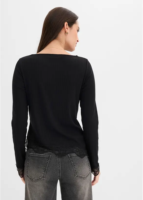 Langarmshirt mit Spitzensaum in schwarz von hinten (im Anschnitt) - bonprix