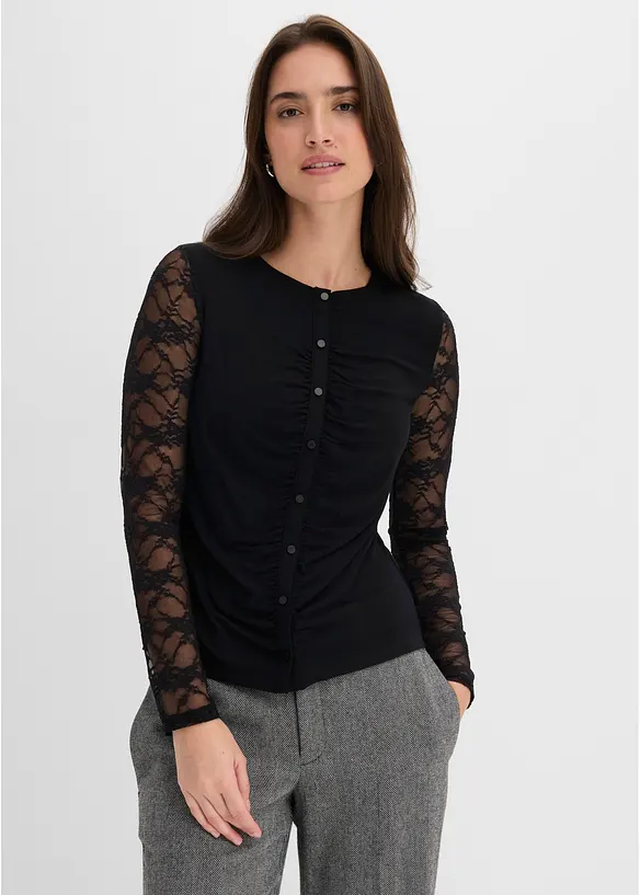 Langarmshirt mit Ärmeln aus Spitze in schwarz von vorne (im Anschnitt) - bonprix Langarmshirt mit Ärmeln aus Spitze in schwarz von vorne (im Anschnitt) - bonprix