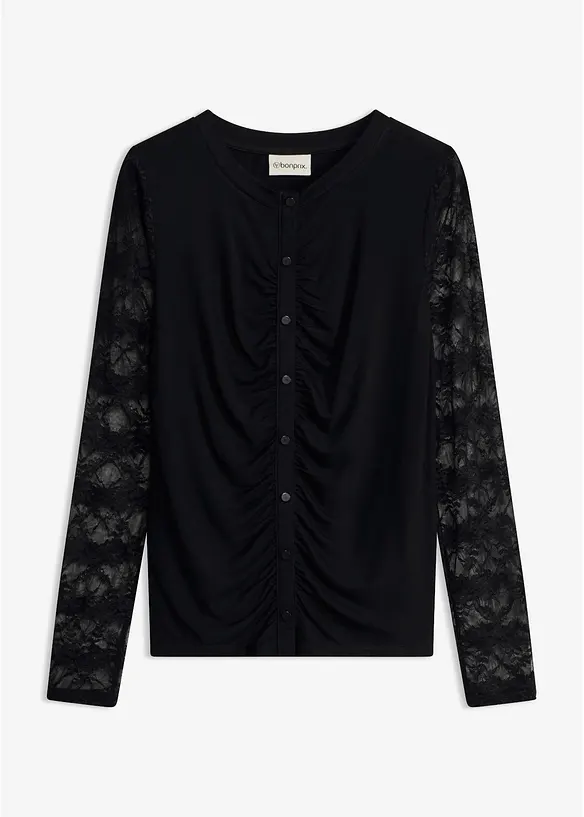 Langarmshirt mit Ärmeln aus Spitze in schwarz von vorne - bonprix Langarmshirt mit Ärmeln aus Spitze in schwarz von vorne - bonprix