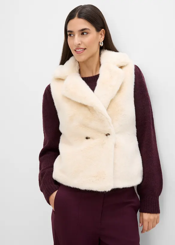 Fellimitat-Weste als Zweireiher in beige von vorne (im Anschnitt) - bonprix