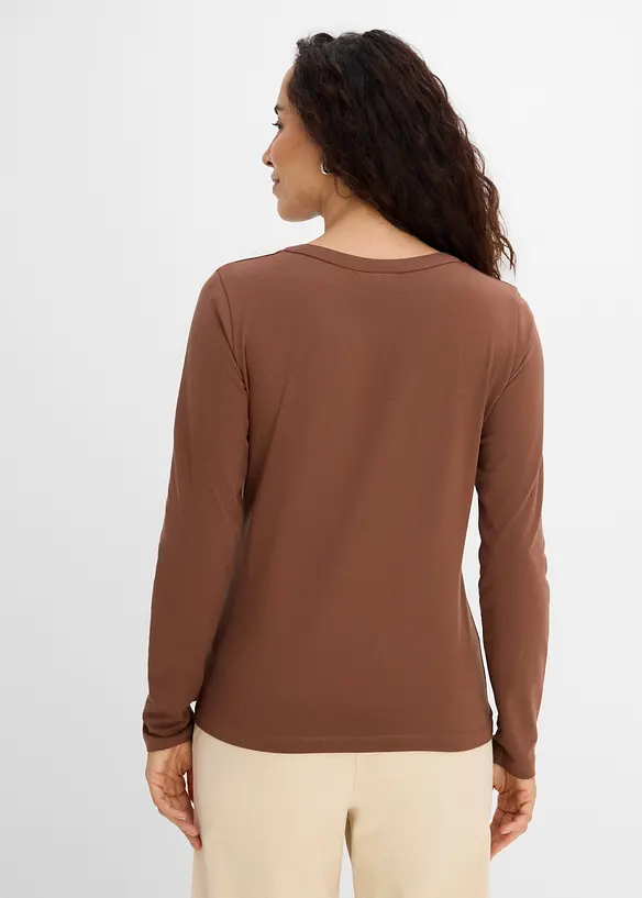 Langarmshirt aus elastischem Bio-Baumwoll-Mix in braun von hinten (im Anschnitt) - bonprix