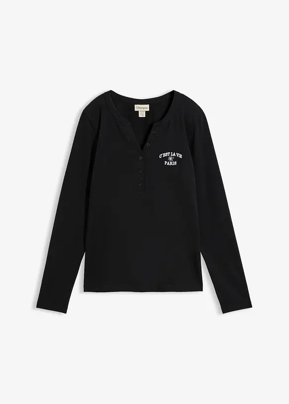 Langarmshirt aus elastischem Bio-Baumwoll-Mix in schwarz von vorne - bonprix