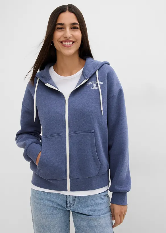 Kapuzen-Sweatjacke aus Bio-Baumwoll-Mix in blau von vorne (im Anschnitt) - bonprix