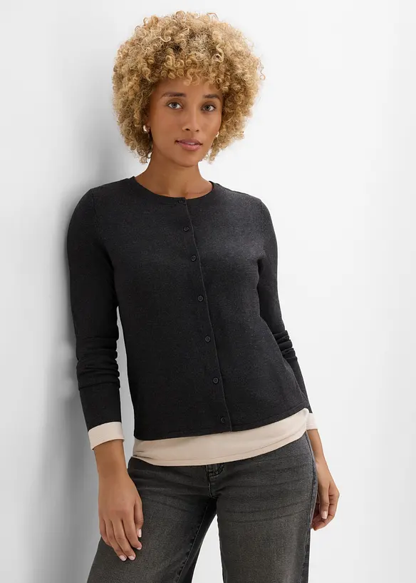 2-in-1 Feinstrickjacke mit Viskose in grau von vorne (im Anschnitt) - bonprix