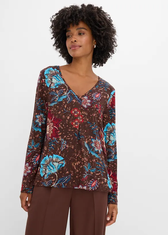 Tunika-Shirt aus fließender Viskose in braun von vorne (im Anschnitt) - bonprix