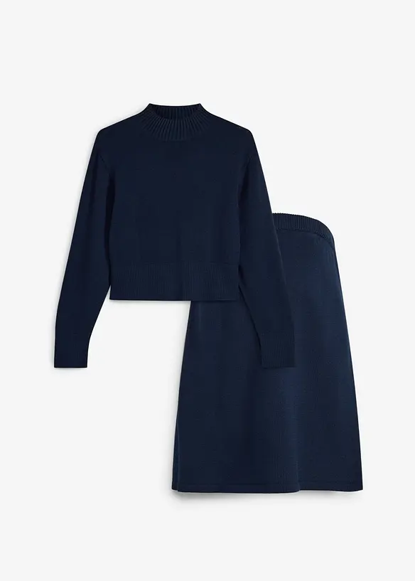 Umstands-Strick Set mit Pullover und Rock aus reiner Bio-Baumwolle in blau von vorne - bonprix