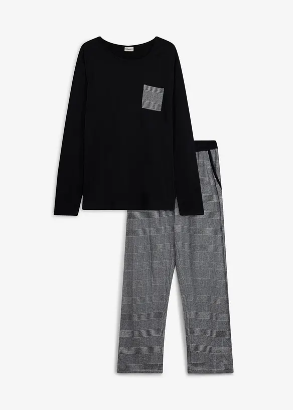 Pyjama mit Flanellhose in schwarz von vorne - bonprix