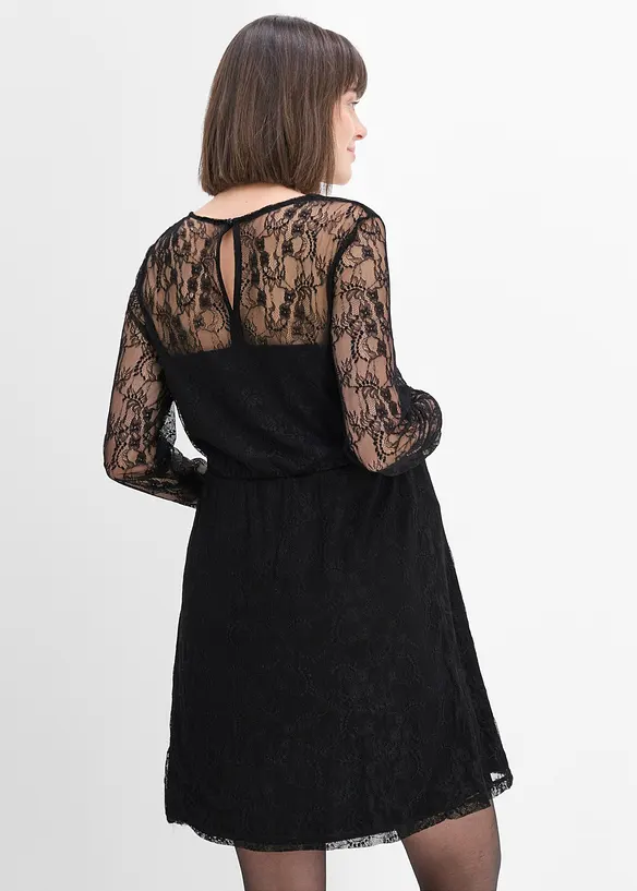 Festliches Umstandskleid aus elastischer Spitze und Jersey in schwarz von hinten (Totalaufnahme) - bonprix