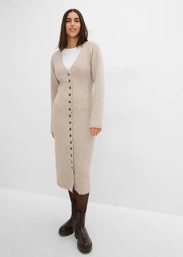 Midi-Strickkleid mit Knöpfen in beige von vorne (Totalaufnahme) - bonprix