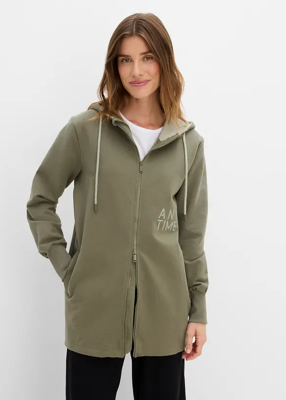 Softe Long-Sweatjacke aus dickem Baumwoll-Mix in grün von vorne (im Anschnitt) - bonprix Softe Long-Sweatjacke aus dickem Baumwoll-Mix in grün von vorne (im Anschnitt) - bonprix
