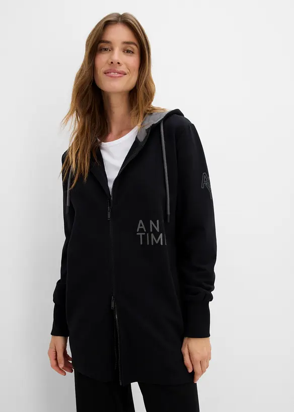 Softe Long-Sweatjacke aus dickem Baumwoll-Mix in schwarz von vorne (im Anschnitt) - bonprix Softe Long-Sweatjacke aus dickem Baumwoll-Mix in schwarz von vorne (im Anschnitt) - bonprix