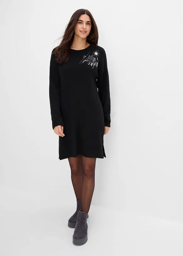 Strickkleid mit Applikation in schwarz von vorne (Totalaufnahme) - bonprix