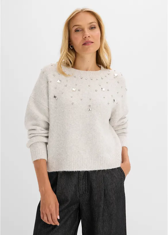 Pullover mit Applikation und Wollanteil in grau von vorne (im Anschnitt) - bonprix Pullover mit Applikation und Wollanteil in grau von vorne (im Anschnitt) - bonprix