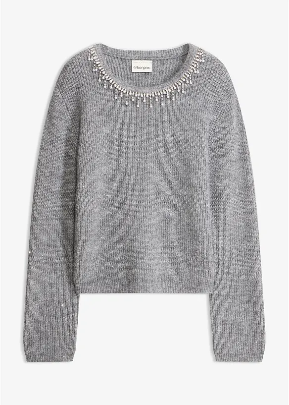 Pullover mit Applikation in grau von vorne - bonprix
