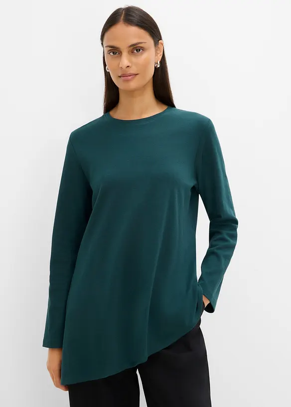 Asymmetrisches Langarmshirt aus reiner Baumwolle in grün von vorne (im Anschnitt) - bonprix Asymmetrisches Langarmshirt aus reiner Baumwolle in grün von vorne (im Anschnitt) - bonprix