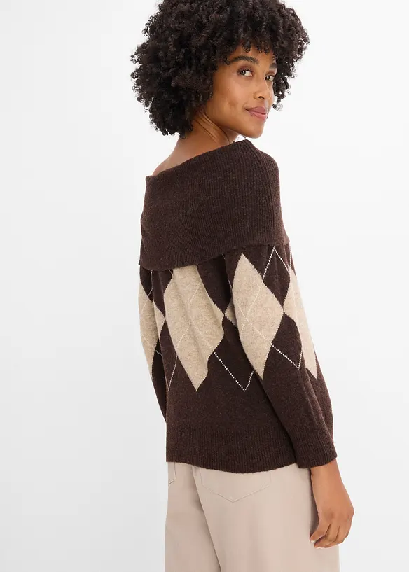 Off-Shoulder-Pullover mit Rautenmuster in braun von hinten (im Anschnitt) - bonprix