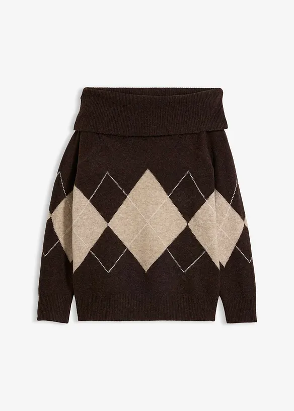 Off-Shoulder-Pullover mit Rautenmuster in braun von vorne - bonprix