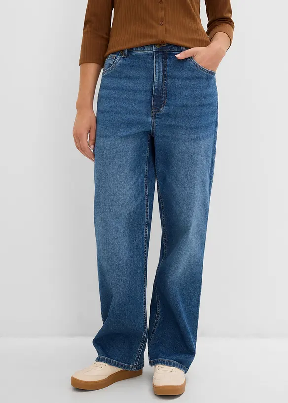 Wide-Leg-Jeans, Mid Waist mit Leo Details in blau von vorne - bonprix
