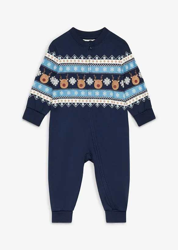 Weihnachtlicher Overall aus kuschelig-angerauter Bio-Baumwolle in blau von vorne - bonprix