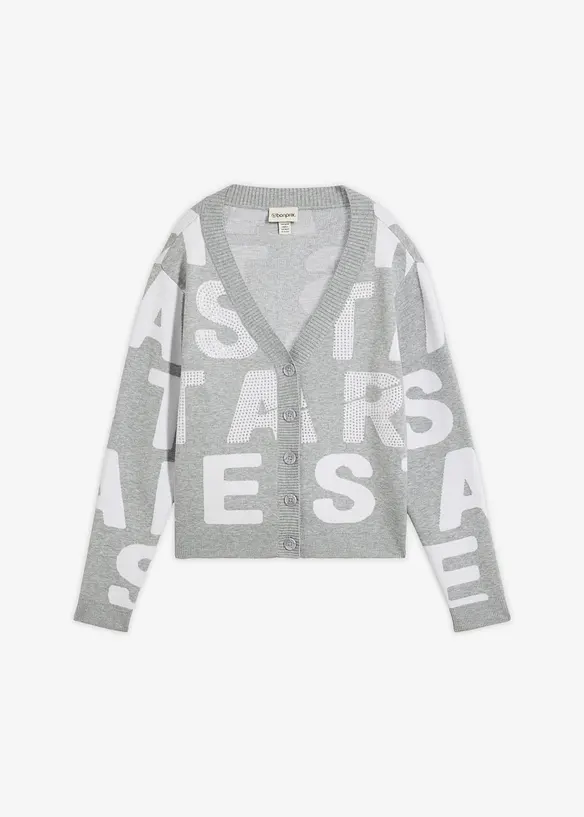 Feinstrickjacke mit Strass-Applikation in grau von vorne - bonprix Feinstrickjacke mit Strass-Applikation in grau von vorne - bonprix