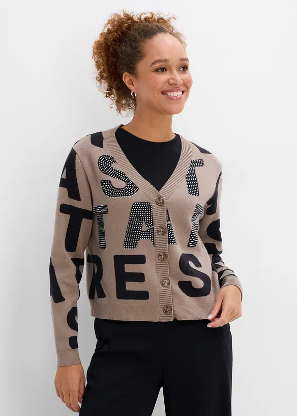 Feinstrickjacke mit Strass-Applikation in braun von vorne (im Anschnitt) - bonprix Feinstrickjacke mit Strass-Applikation in braun von vorne (im Anschnitt) - bonprix