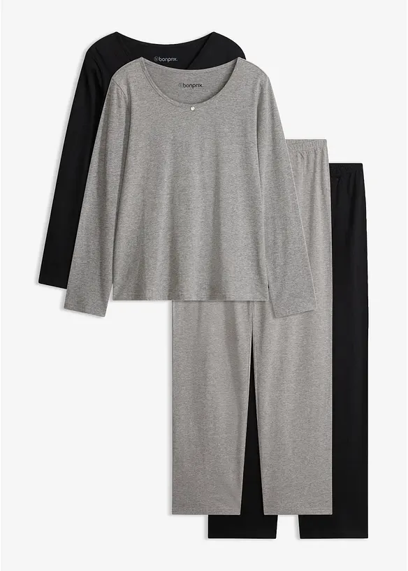 Pyjama aus reiner Baumwolle (2er Pack) in grau von vorne - bonprix