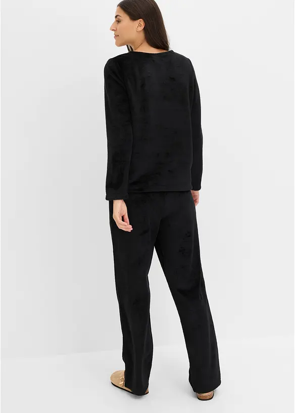 Loungewear Hausanzug aus Kuschelfleece mit Stickerei in schwarz von hinten (Totalaufnahme) - bonprix