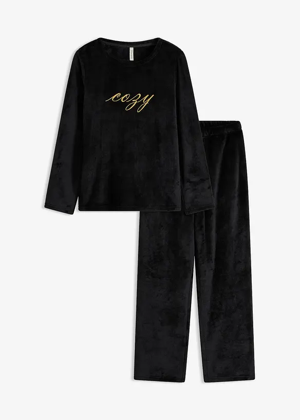 Loungewear Hausanzug aus Kuschelfleece mit Stickerei in schwarz von vorne - bonprix
