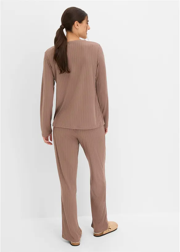 Weit geschnittener Loungewear Hausanzug aus weichem Pointelle-Jersey mit Knopfleiste in braun von hinten (Totalaufnahme) - bonprix
