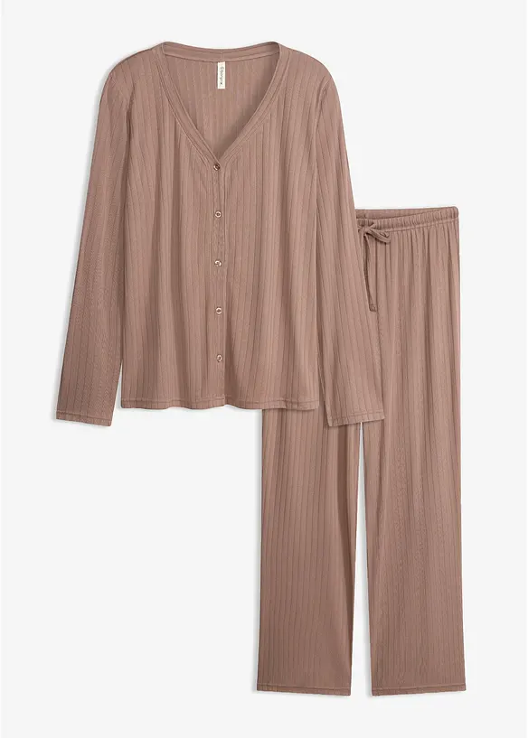 Weit geschnittener Loungewear Hausanzug aus weichem Pointelle-Jersey mit Knopfleiste in braun von vorne - bonprix