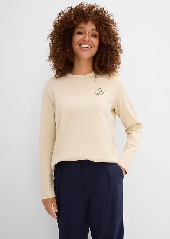 Langarmshirt aus schwerer Bio-Baumwolle in beige von hinten (im Anschnitt) - bonprix