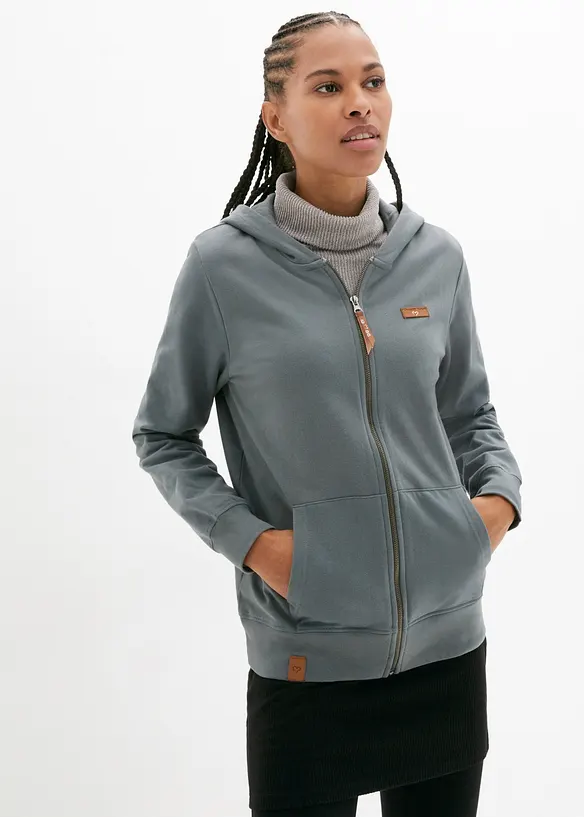 Kapuzen-Sweatjacke aus reiner Baumwolle in grün von vorne (im Anschnitt) - bonprix Kapuzen-Sweatjacke aus reiner Baumwolle in grün von vorne (im Anschnitt) - bonprix