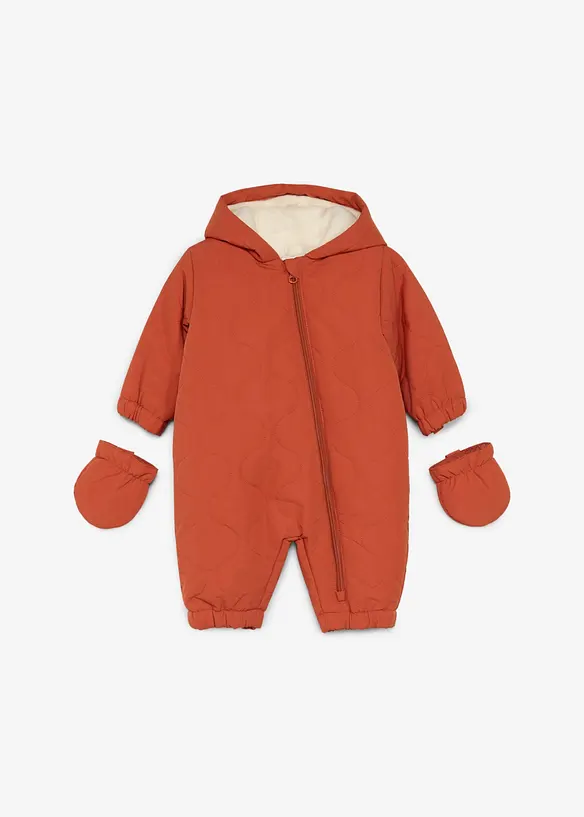 Wattierter Baby Overall mit abknöpfbaren Handschuhen in braun von vorne - bonprix