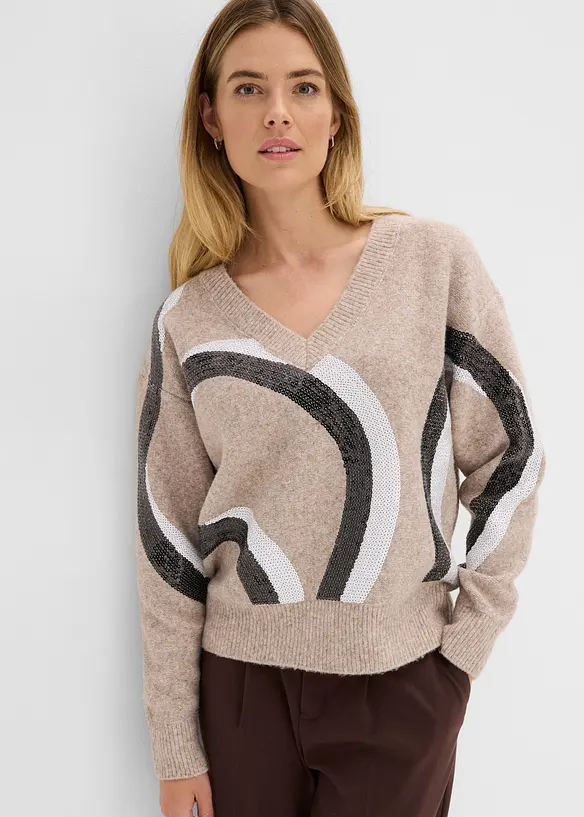 Pullover mit Pailletten-Applikation in braun von vorne (im Anschnitt) - bonprix