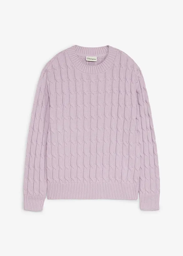 Pullover mit Zopfstrickmuster aus reiner Bio-Baumwolle in lila von vorne - bonprix