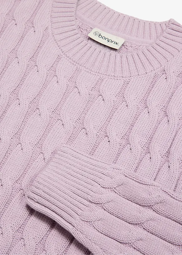 Pullover mit Zopfstrickmuster aus reiner Bio-Baumwolle in lila - bonprix