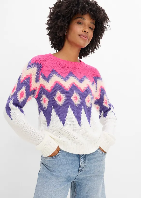 Fair-Isle-Grobstrick-Pullover in weiß von vorne (im Anschnitt) - bonprix Fair-Isle-Grobstrick-Pullover in weiß von vorne (im Anschnitt) - bonprix