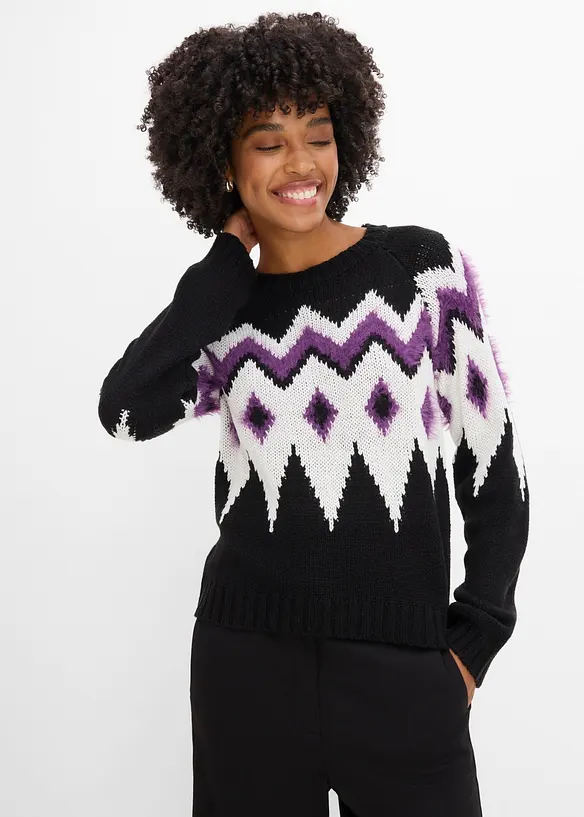 Fair-Isle-Grobstrick-Pullover in schwarz von vorne (im Anschnitt) - bonprix Fair-Isle-Grobstrick-Pullover in schwarz von vorne (im Anschnitt) - bonprix