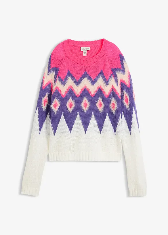 Fair-Isle-Grobstrick-Pullover in weiß von vorne - bonprix Fair-Isle-Grobstrick-Pullover in weiß von vorne - bonprix