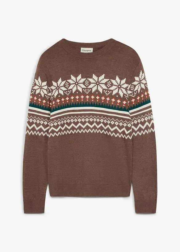 Feinstrickpullover mit Norwegermuster in braun von vorne - bonprix
