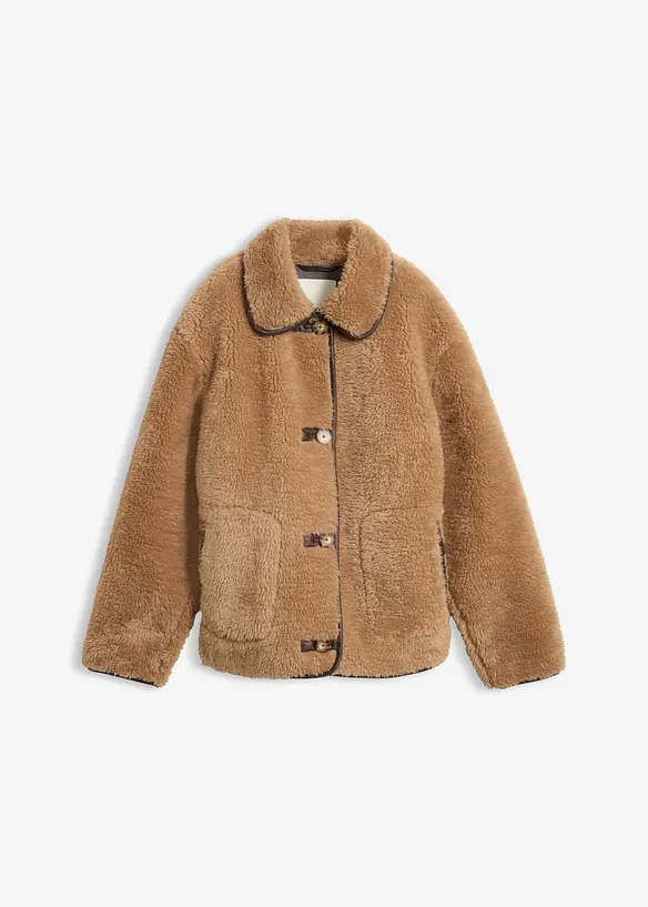 Fellimitat-Jacke mit dekorativen Riegelknöpfen in braun von vorne - bonprix
