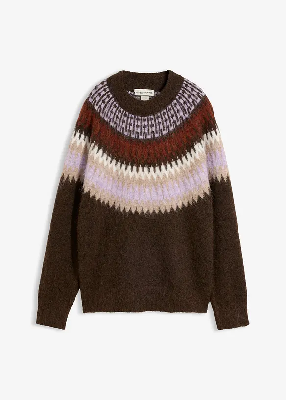 Norweger-Pullover mit Rundhals-Ausschnitt in braun von vorne - bonprix