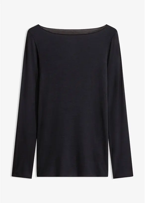 Ultralight Langarmshirt mit U-Boot-Ausschnitt aus Kaschmir-Mix in schwarz von vorne - bonprix