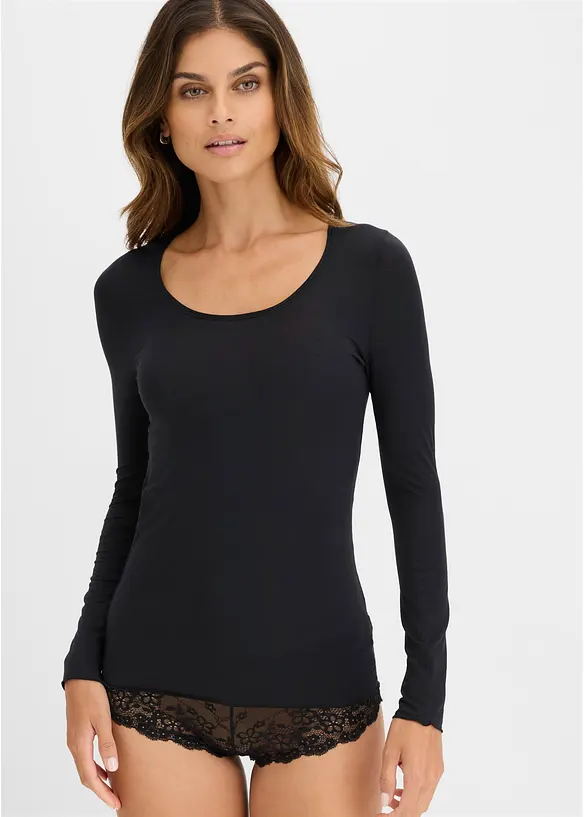 Ultralight Langarmshirt mit Rundhals-Ausschnitt aus Kaschmir-Mix in schwarz von vorne (im Anschnitt) - bonprix