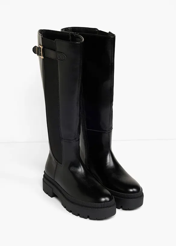 Gefütterte Weitschaftstiefel mit Stretch-Einsatz in schwarz - bonprix