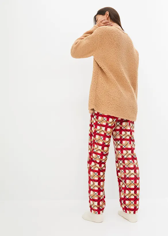 Loungewear Hausanzug aus Fleece mit Stickerei in beige von hinten (Totalaufnahme) - bonprix