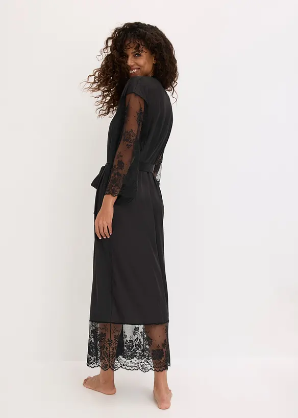 Satin Kimono mit Spitze in schwarz von hinten (Totalaufnahme) - bonprix