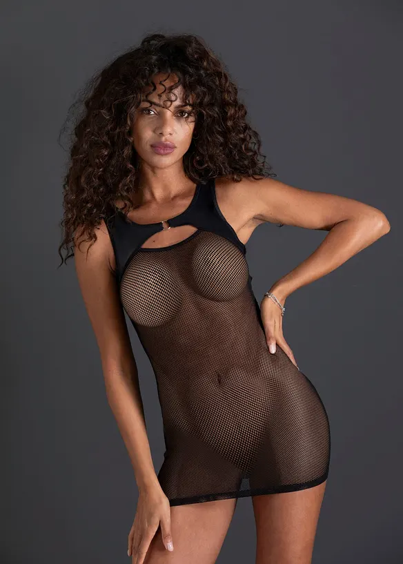 Kleid mit Wetlook in schwarz von vorne (Totalaufnahme) - bonprix